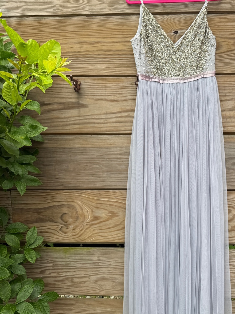 BHLDN Sequin Embellished Silver and Pale Pink V-Neck Top
